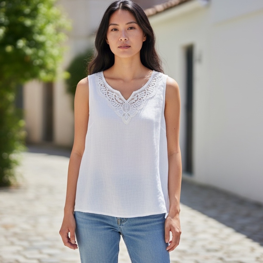 Viola Borghi Italy White 100% Linen Crochet Lace V-Neck Tank Top L